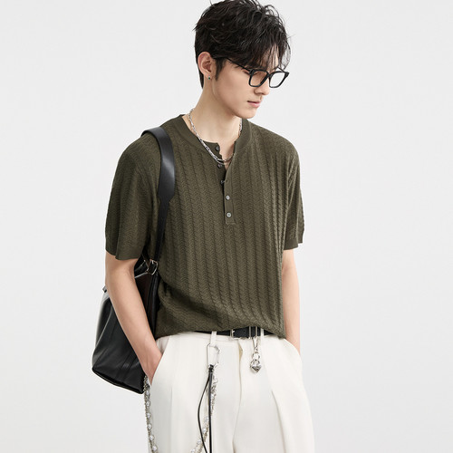 [冰丝透气提花针织]伯爵卓尔奥莱店夏亨利领高级设计感男短袖T恤