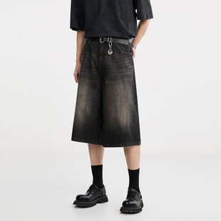 伯爵卓尔奥莱店复古风水洗做旧牛仔中裤男士夏季短裤宽松直筒裤子