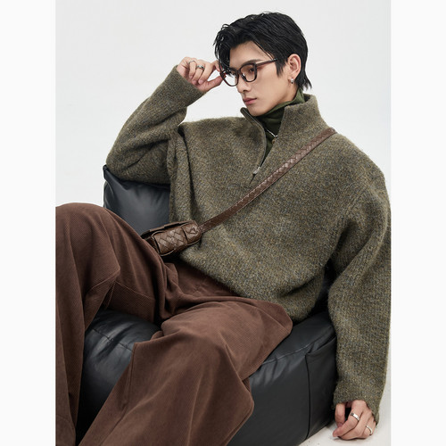 伯爵卓尔25初冬高级感杂色半拉链羊毛针织衫男士宽松韩版套头毛衣