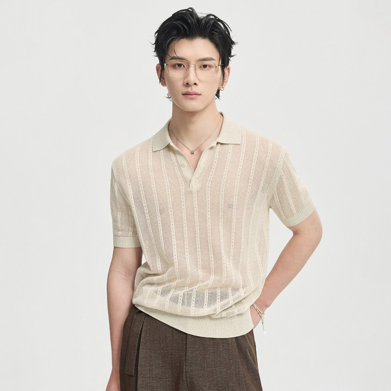 伯爵卓尔26夏季莱赛尔天丝亚麻短袖polo衫薄款镂空针织T恤衫男
