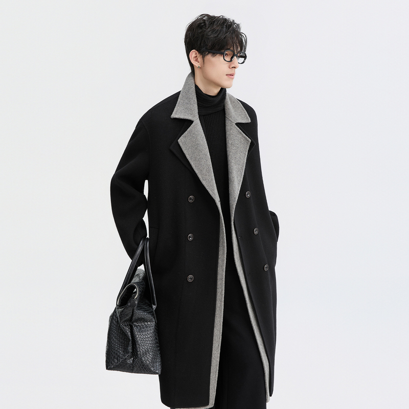 {全羊毛假两件设计}伯爵卓尔25初冬中长款撞色男士双面呢大衣外套