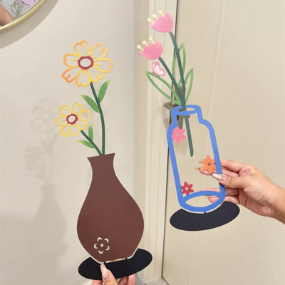 2d平面彩印花瓶摆件客厅玄关电视柜装饰品假花郁金香花插墙壁剪影