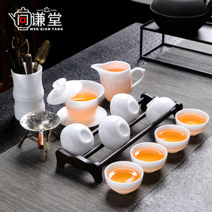 家用办公泡茶盖碗茶杯可悬停旋转纯白 高端冰种玉白瓷功夫茶具套装