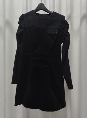 韩国原单eg0ist时尚显瘦收腰修身黑色连衣裙女拼接条绒