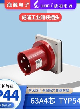WEIPU威浦航空插头 工业暗装插头 TYP543 63A4芯 380V 3P+E IP44