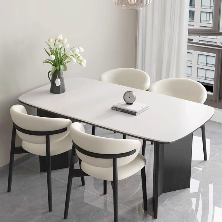 意式极简家用长方形白色岩板饭桌法式复古风黑色白蜡木实木餐桌椅