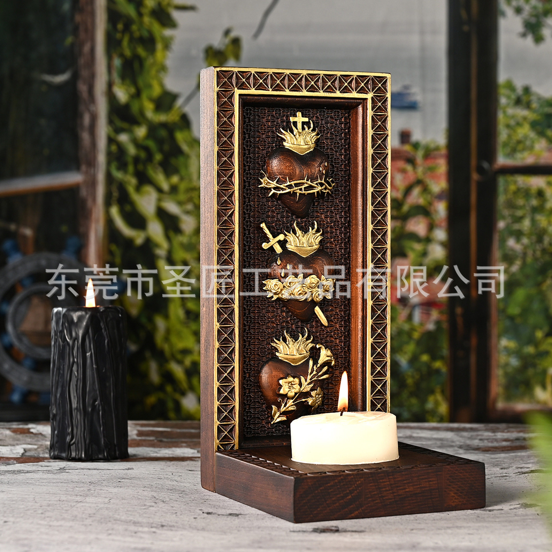 跨境欧式神圣家族三圣心烛台木质雕刻桌面摆件实木雕刻家居装饰品