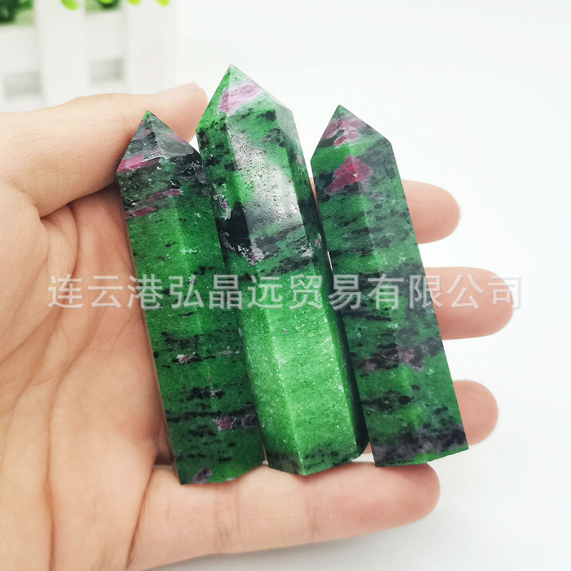 弘晶远水晶天然红绿宝六棱柱单尖原石打磨水晶六棱柱跨境批发