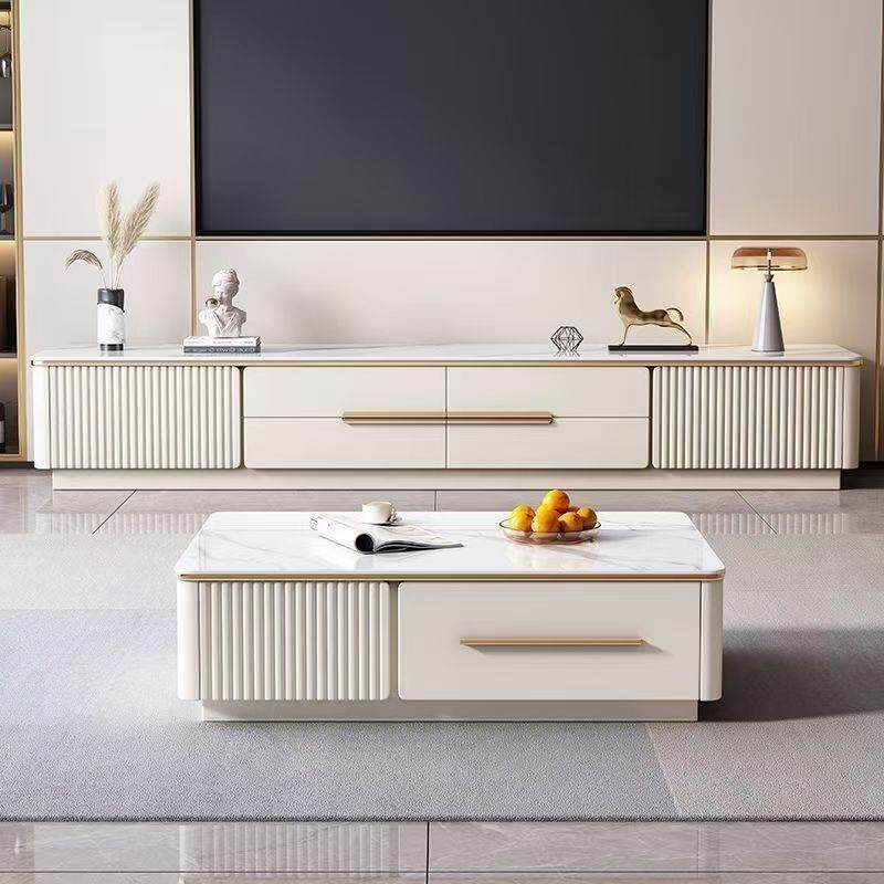 全实木家具轻奢岩板电视柜茶几组合现代简约客厅奶油风储物落地