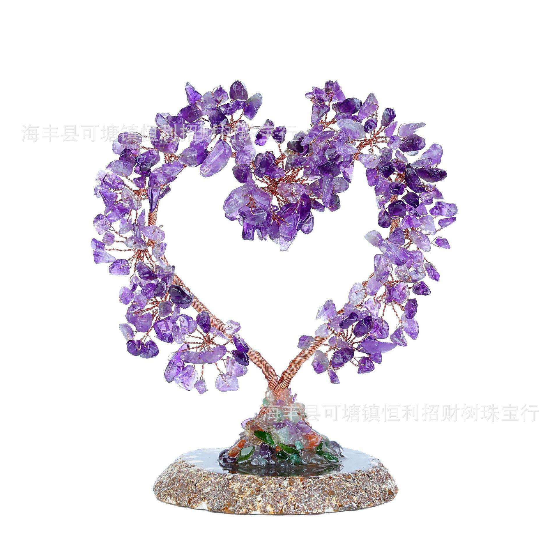 热销天然水晶碎石发财树玛瑙片心形树手工编织桌面装饰摆件