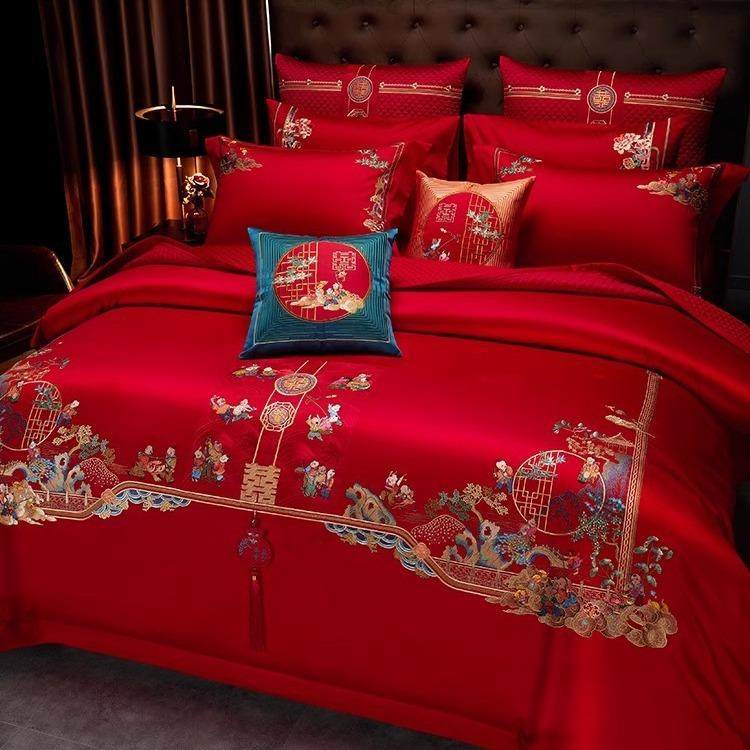 新款百子图喜庆红色婚庆全棉四件套刺绣纯棉被套床单结婚床上用品