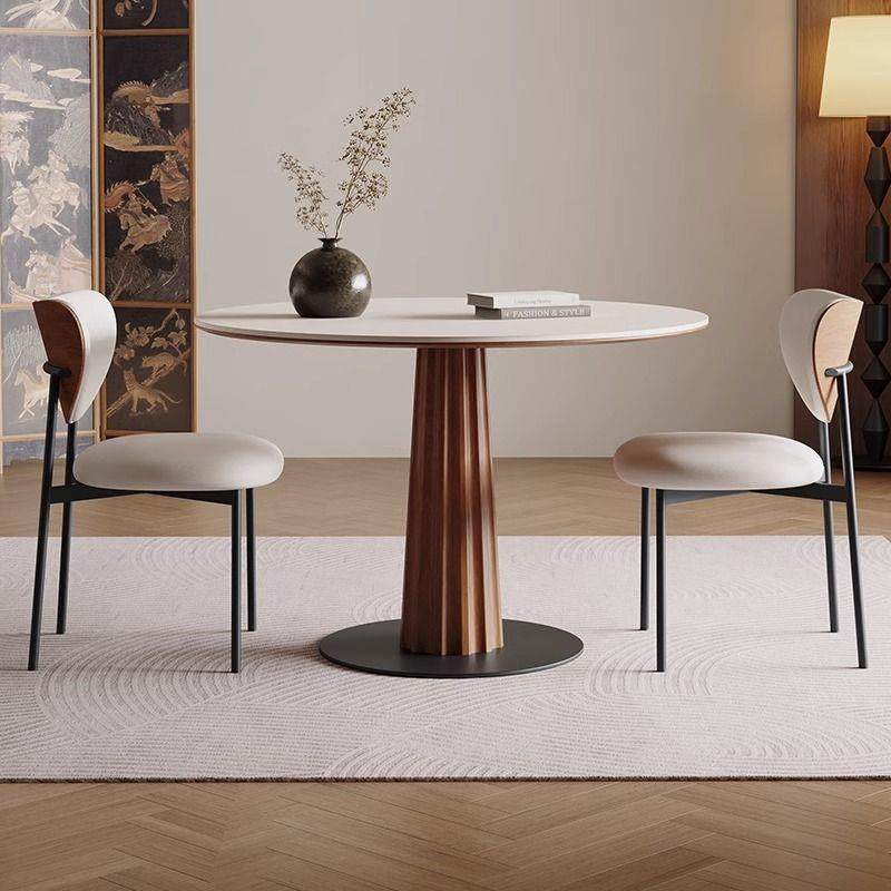 复古实木餐桌德利丰纯白岩板圆桌现代简约家用桌子小户型圆形饭桌