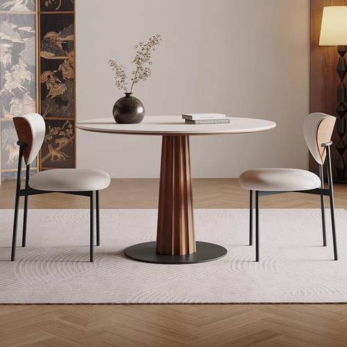 复古实木餐桌德利丰纯白岩板圆桌现代简约家用桌子小户型圆形饭桌