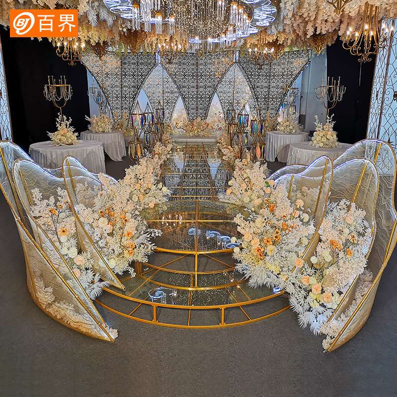 新款婚庆道具花片铁艺贴纱路引婚礼圆形T台装饰摆件舞台现场布置