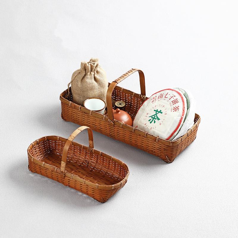 手工竹编大漆提篮复古中式家用收纳篮子水果篮杂物整理筐野餐篮