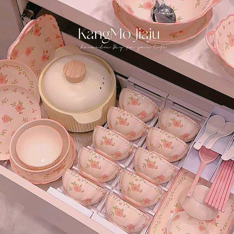 高颜值陶瓷碗碟套装粉色清新碗盘饭碗厨具组合餐具乔迁喜庆餐具