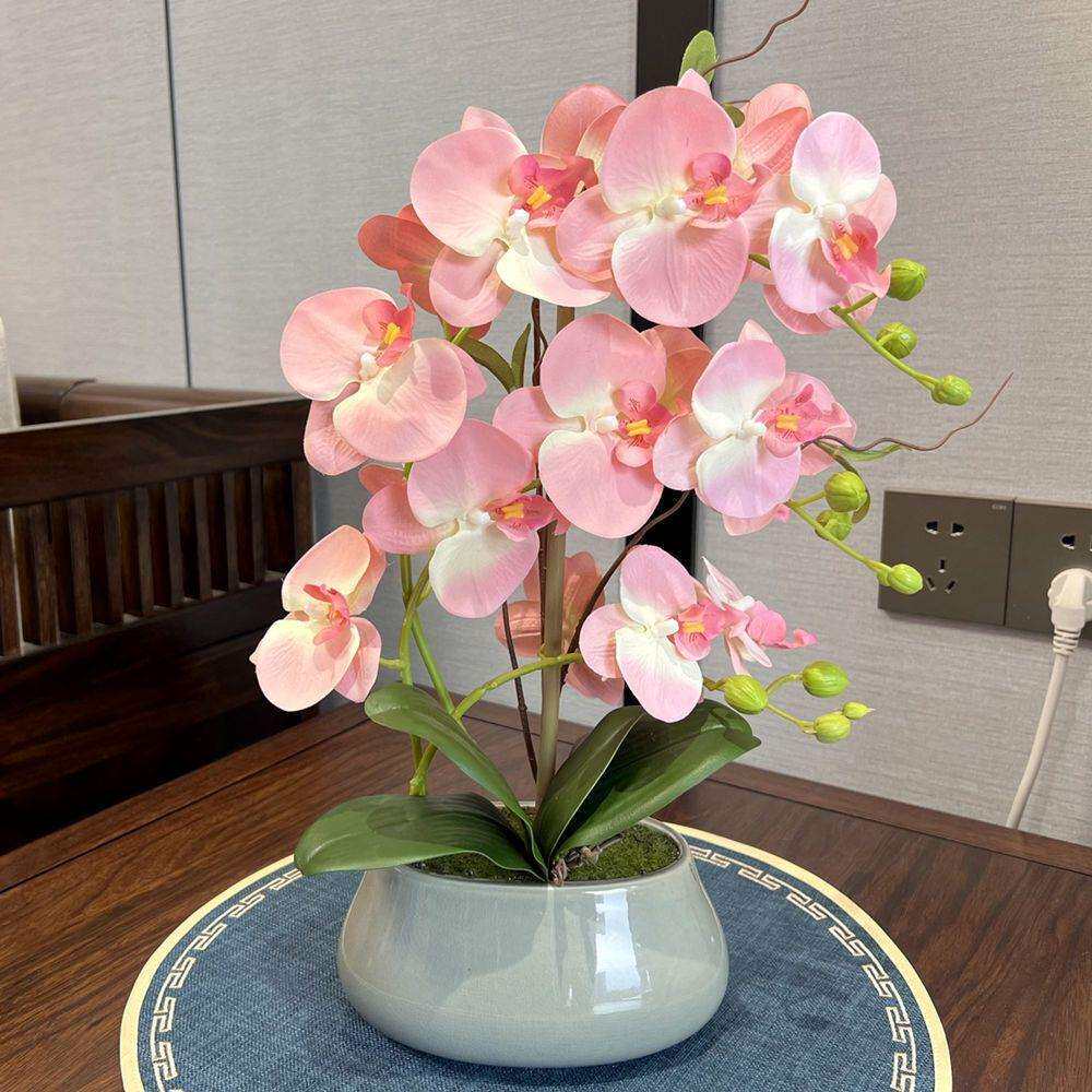 仿真花蝴蝶兰仿真兰花盆栽新款假花套装客厅电视柜中式陶瓷盆摆件