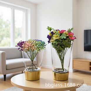 BBGLASS创意烛台透明玻璃花瓶搭配木底座插花微景观家居软装摆件