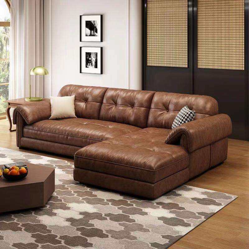 意式极简真皮客厅沙发中古风棕色复古油蜡皮美式仿古大象耳朵沙P^