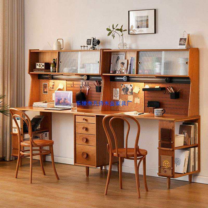 实木双人书桌书架组合现代简约电脑桌樱桃木办公书房写字桌学习桌