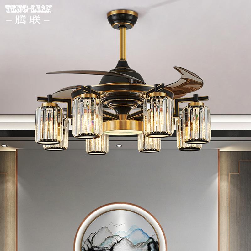 全铜新中式水晶风扇吊灯客厅餐厅隐形风扇灯卧室吊扇灯一体吊灯具