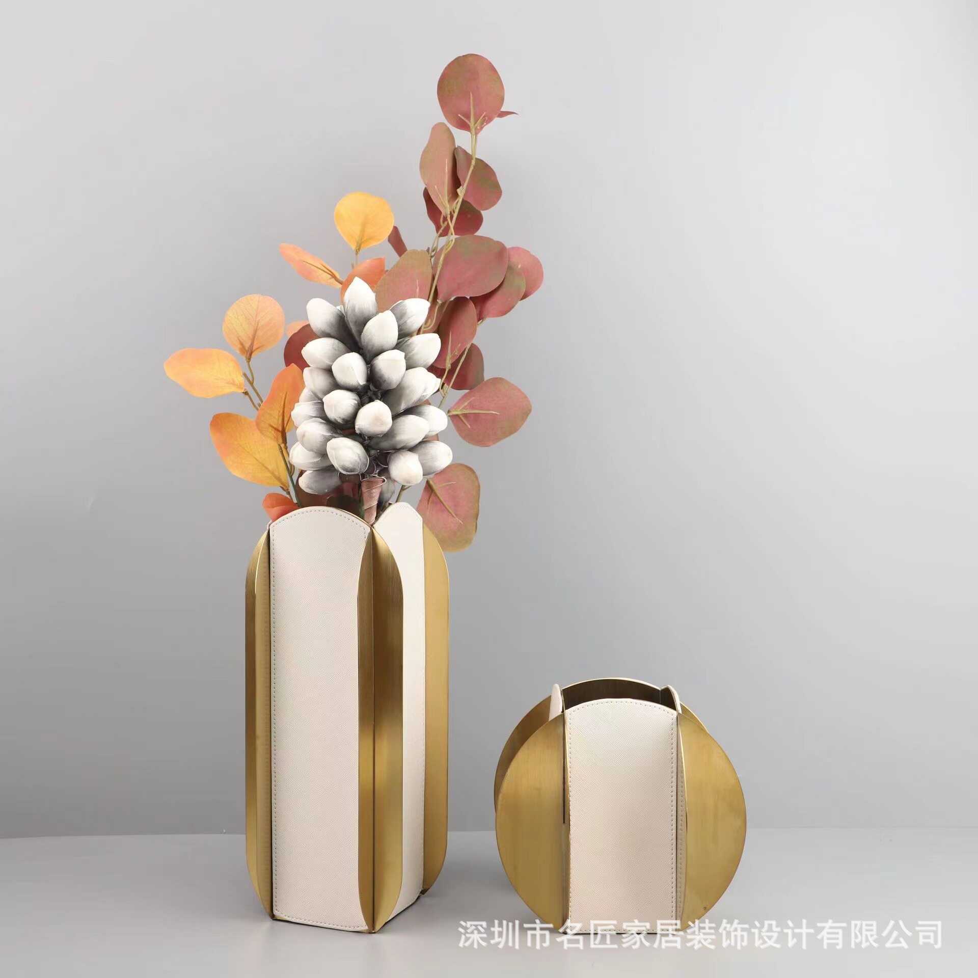 现代简约样板房间客厅花瓶装饰金属皮革花器软装玄关轻奢摆件饰品