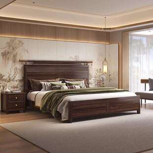 新中式乌金木床1.8米双人大床轻奢现代简约主卧高箱储物实木婚床