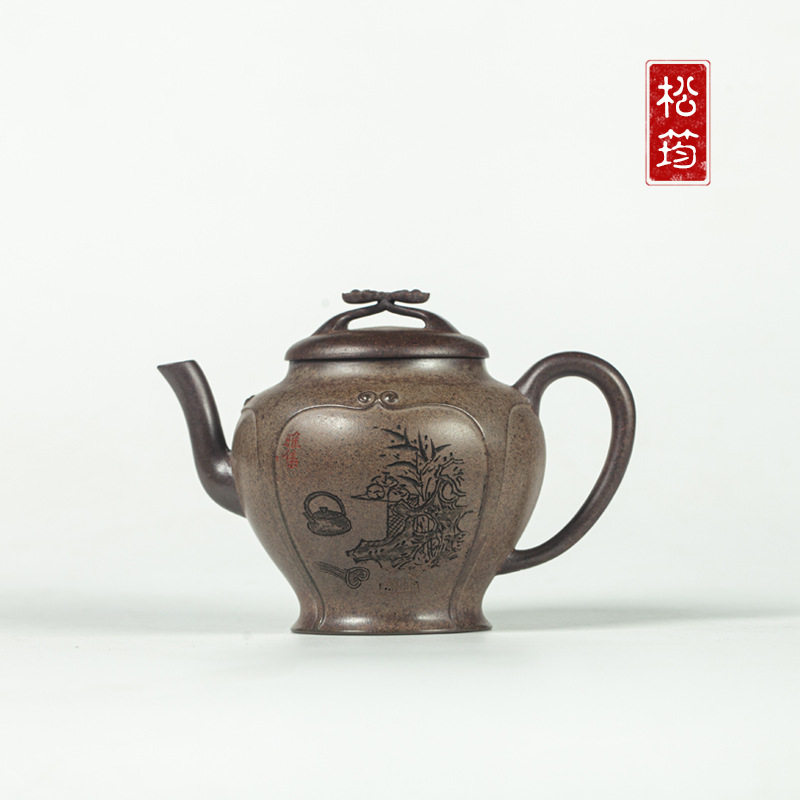 原矿云雾沉香柴烧纯手工刻绘清供雅集290ML宜兴紫砂壶泡茶壶茶具