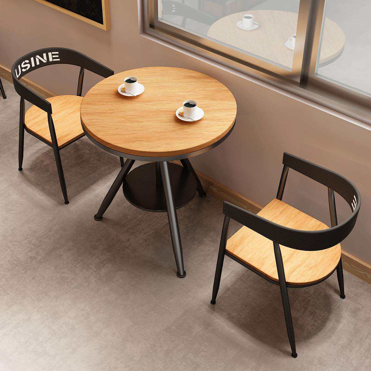 奶茶店饮品店面包店清吧铁艺实木小圆桌椅组合阳台可升降圆桌1017