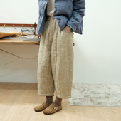 女棉裤 文艺复古松紧腰纯色保暖麻料哈伦垮裤 夹棉休闲裤 艺风谷冬季