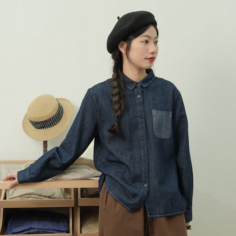 宽松休闲风长袖牛仔亚麻衬衫外套