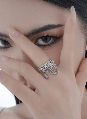 ears小众个性高级S925纯银镂空豆豆链条戒指女ins开口镶钻食指戒