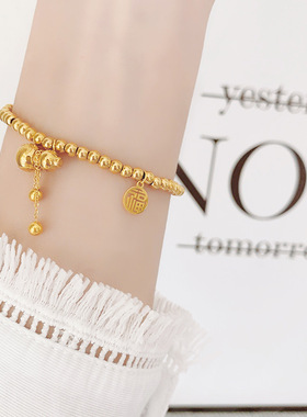 中国风ins福字流苏小葫芦吊坠弹力圆珠手链女简约钛钢不掉色手饰