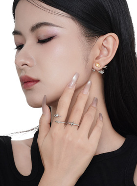 ears韩版小众设计轻奢S925通体纯银星星戒指女开口异形食指戒
