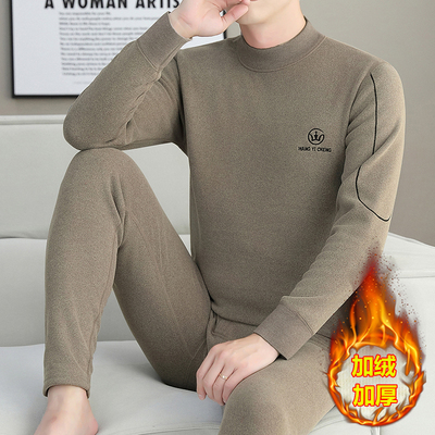 高端半高领发热衣男士套装冬季加绒加厚德绒防寒打底秋衣裤卫生裤