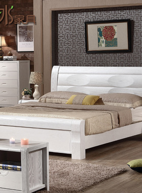 厚重实木床现代简约白色榆木双人床1.8米主卧室中式高箱储物大床