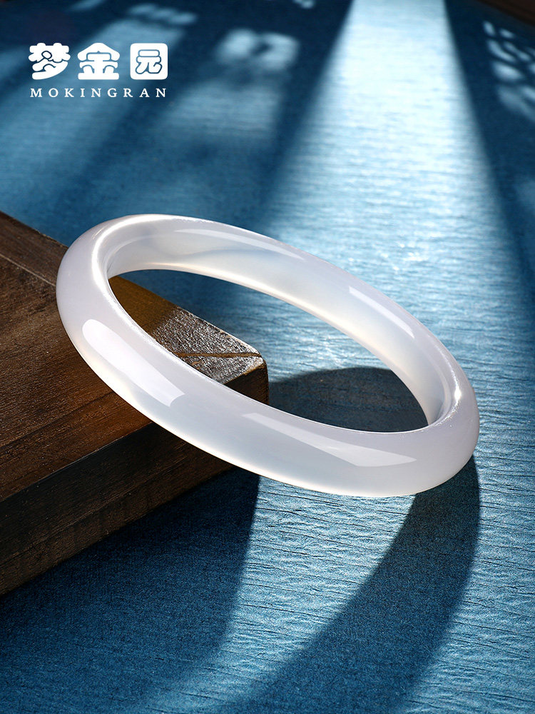 梦金园玉髓手镯女天然冰白圆条手环手饰叮当镯宽手镯礼物送女友