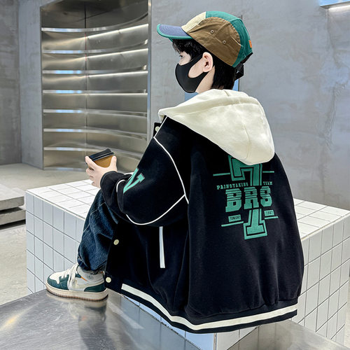 热销男童棒球服春秋款n2024新款中大童炸街酷帅连帽儿童春装网红