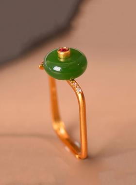 中国风蛋面戒指女小众设计和田玉复古ins潮冷淡风高级感食指尾戒