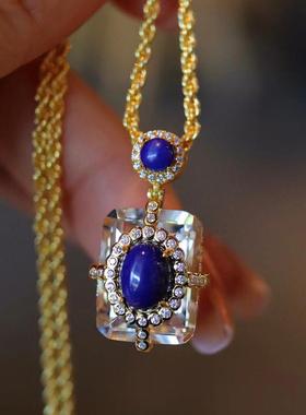 气质原创仿天然白水晶青金石方形吊坠女镀金镶时尚高级感项链项坠