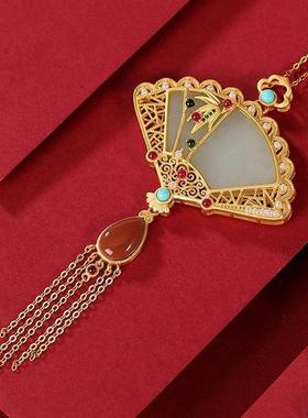 原创工艺原创S925纯银鎏金和田玉青玉国风古典扇子流苏毛衣链吊坠