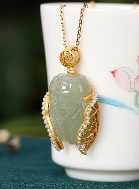 金蝉竹节纯银项链女古法金原创小众设计高级感新中式和田碧玉吊坠