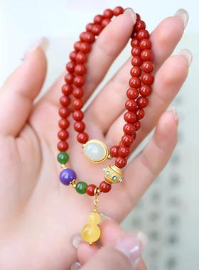 南红玛瑙蜜蜡平安扣手链女小众新中式镶天然和田白玉双层国风手串