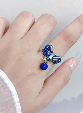 蓝凤凰流苏仿925纯银戒指活口女复古青金石指环戒子小众中国风饰