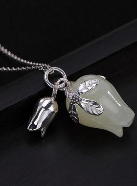 民族风花苞简约白玉锁骨链高级玉兰花复古项链铃兰花吊坠女款挂坠