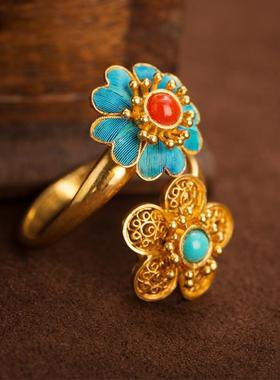 梅开复古风烧蓝非遗花丝戒指小众18k金珐琅旗袍汉服秀禾可调节