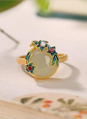 宫廷设计中国风典雅古法金珐琅彩景泰蓝多宝戒指镶嵌白玉南红指环