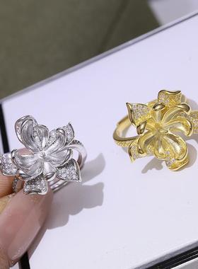 DIY配件新款莲花珍珠藏银戒指空托时尚优雅气质开口指环空托配饰