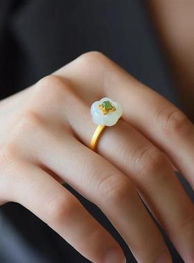 925银镶嵌和田玉白玉碧玉流苏烤蓝戒指开口可调节大小复古时尚女