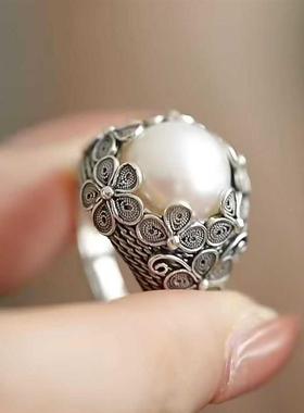 S925银花丝镶嵌戒指女复古做旧国潮花朵气质文艺范轻奢高级感开口